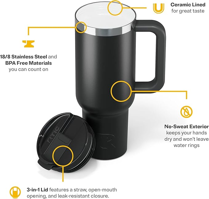 RTIC 40 oz Road Trip Tumbler Double-Walled Cermaic Lined Insulated Stainless Steel Portable Travel Coffee Mug Cup with Lid, Handle and Straw, Black