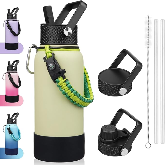 BJPKPK 32oz Insulated Water Bottles with 3 Lids, Paracord Handle & Non-slip Boot, Stainless Steel Metal Water Bottle,Reusable BPA Free Thermo,Macaron Green