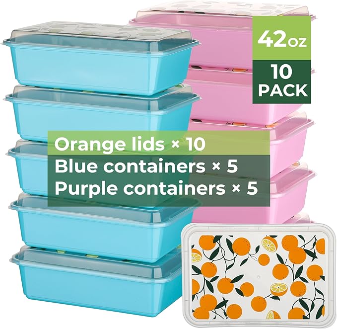 10 Pack 42 oz Meal Prep Containers, Reusable Plastic Food Prep Storage Containers with Printed Lids, Stackable, Leakproof, Microwave & Freezer & Dishwasher Safe,To Go Take Out Box, Orange