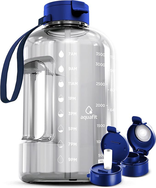 AQUAFIT 1 Gallon Water Bottle with Time Marker - Straw & Chug Lid - BPA Free Gym Water Bottle with Straw - Big Gallon Jug (Clarity, 128 oz - 2 Lids)