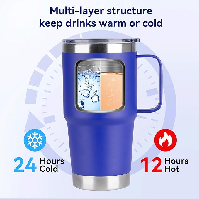 20oz Tumbler Bulk with Lid, Stainless Steel Tumbler Bulk with Handle, Metal Insulated Travel Coffee Mug Set with Handle, Double Wall Vacuum Leak Proof Tumbler Cup, Blue 12 Pack