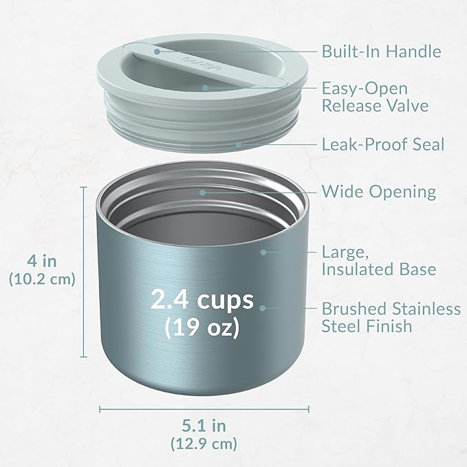 Bentgo Stainless Insulated Food Container - 2.4 Cups (19 oz), Triple-Layer Insulation, Vacuum Seal, Leak-Proof, Built-In Handle, Wide Opening, Premium Stainless Steel, for Cool/Warm Foods (Aqua)