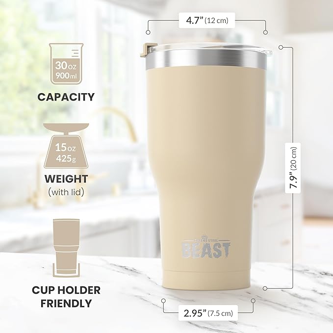 Beast 30 oz Tumbler Stainless Steel Vacuum Insulated Coffee Ice Cup Double Wall Travel Flask (Sand)