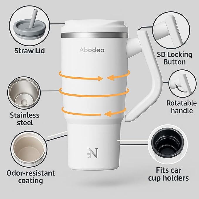 32 oz Travel Coffee Tumbler with Rotating Handle, Straw & Leakproof Lid – Insulated Stainless Steel Mug Reusable Water Flask for Hot & Cold Drinks – Fits Car Cup Holders (White)