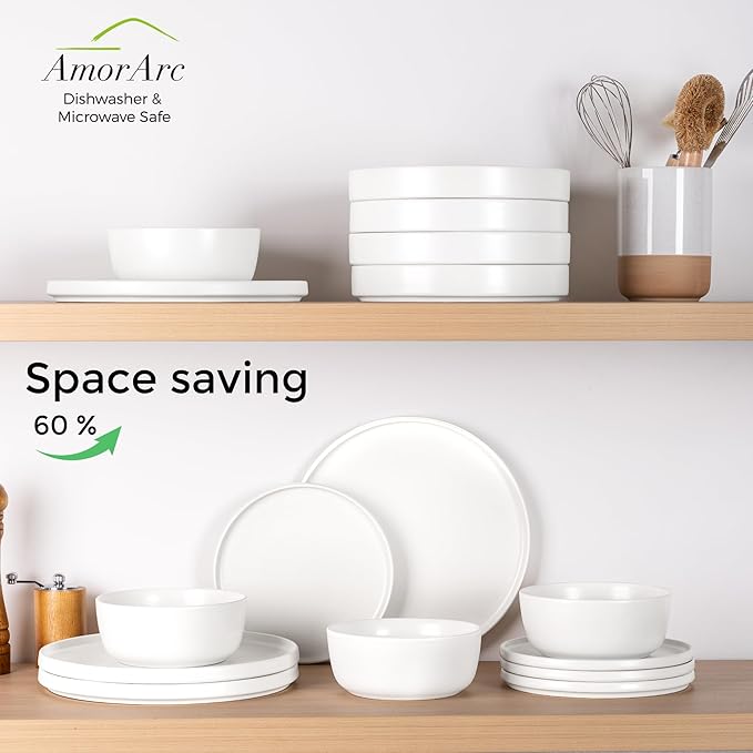 AmorArc Stoneware Dinnerware Sets for 8,Reactive Ceramic Plates and Bowls Set,Highly Chip and Crack Resistant | Dishwasher & Microwave Safe | Round Dishes Set Service for 8 (24pc),Matte White
