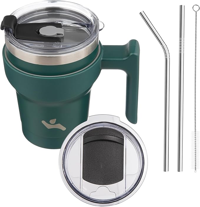 10 oz Tumbler with Handle and 2 Straw 2 Lid, Insulated Water Bottle Stainless Steel Vacuum Cup Reusable Travel Mug,Army Green