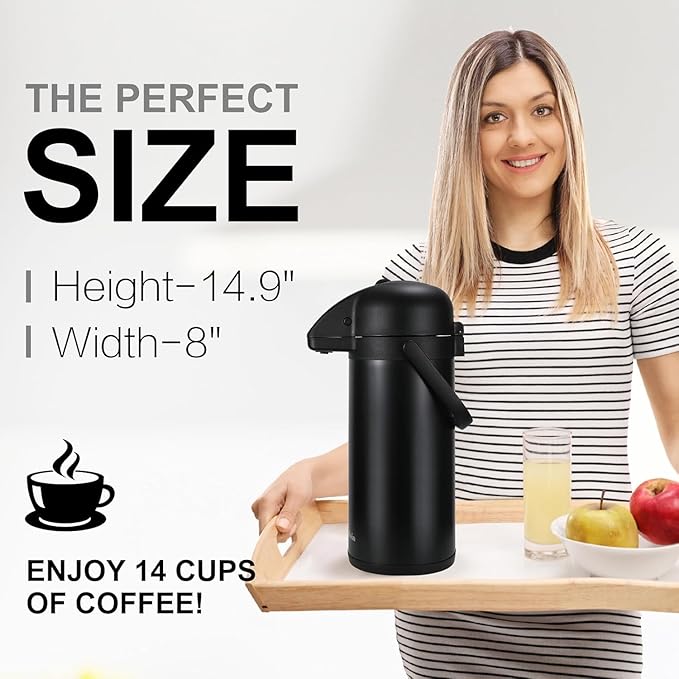 Updated Airpot Coffee Dispenser with Pump, 85 OZ Insulated Thermal Coffee Carafe for Keeping Hot - Cold Water, Party Chocolate Drinks & Stainless Steel Thermos Urn Large Thermal Hot Drink (Black)