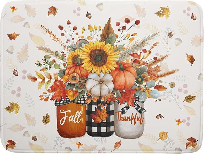 Autumn Pumpkin Dish Drying Mat 18x24 Inch Sunflower Flower Vase Washable Draining Mat with Hanging Loop Seasonal Holiday Home Decoration