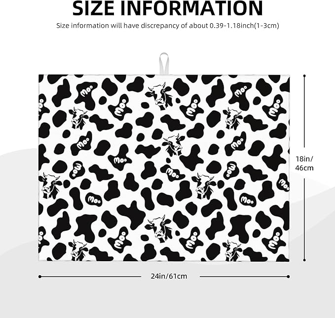 Black White Dish Drying Mat for Kitchen Counter 18"x24" Cow Print Dishes Pad Dish Drainer Rack Mats Microfiber Washable Absorbent Kitchen Decor