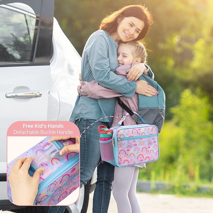 Bagseri Lunch Bag for Girls - Kids Lunch Box Insulated Leak-Proof and Reusable Lunch Box for Girls Toddler Lunch Bag for Daycare and School, Pink Rainbow (Water Bottle Not Included)