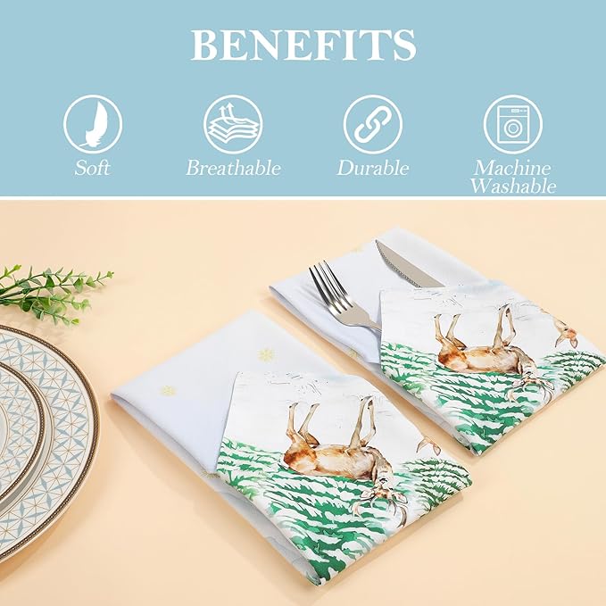 Winter Pine Tree Napkins, 18×18 Inch Woodland Deer Dinner Cloth Napkins Set of 4, Washable Cotton Soft Absorbent Square Napkins for Dining Kitchen Party Wedding Decoration