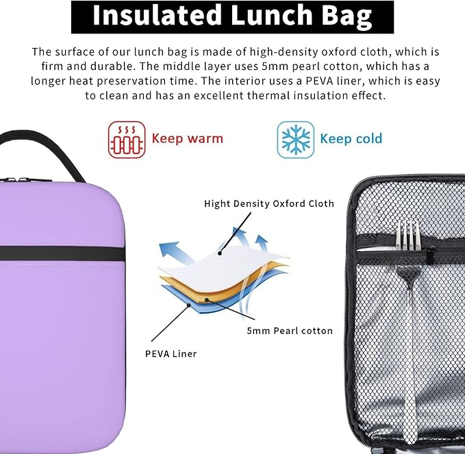 Purple Lunch Bag for School Office Washable Thermal Picnic Box for Kids Girls Adults Women Reusable Insulated Meal Pail