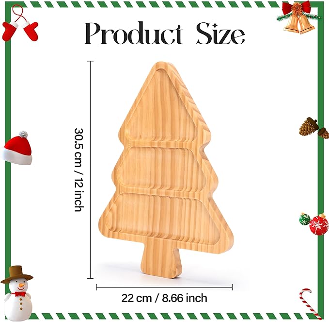 Wooden Christmas Serving Tray, Divided Charcuterie Board with 3 Compartments, Table Decorations for Christmas Party