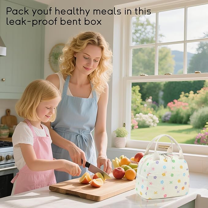 BTOOP Lunch Box for Women Men Cute Corduroy Lunch Bags Large Capacity Insulated Lunch Tote Bag For Work Travel Or Picnic (Colorful Floral Bow)