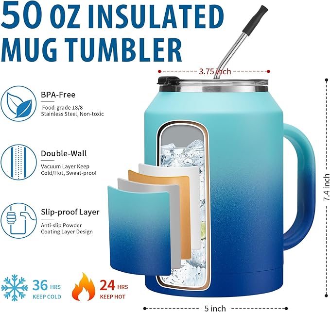 50oz Insulated Mug Tumbler with Handle - Keep Cold-36h & Hot-24h, Stainless Steel Water Jug 50 oz Coffee Mugs with Straw & Spout Lid, Wide Mouth Metal Water Bottle Camping Flask Hospital Cup Travel