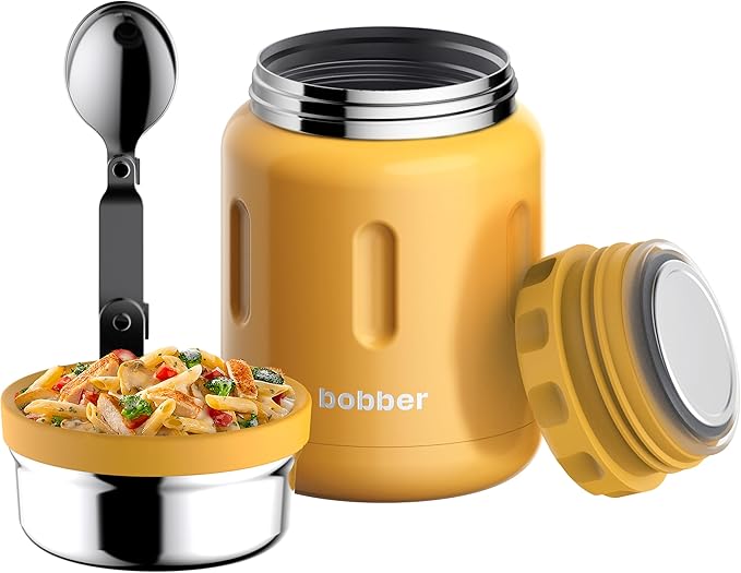 BOBBER 24 oz Insulated Stainless Steel Food Jar with Extra-Wide Mouth, Built-in Spoon & Bowl - Keeps Hot for 14 Hours and Cold for 20 Hours - Leakproof Lunch Thermos for Adults (Orange)