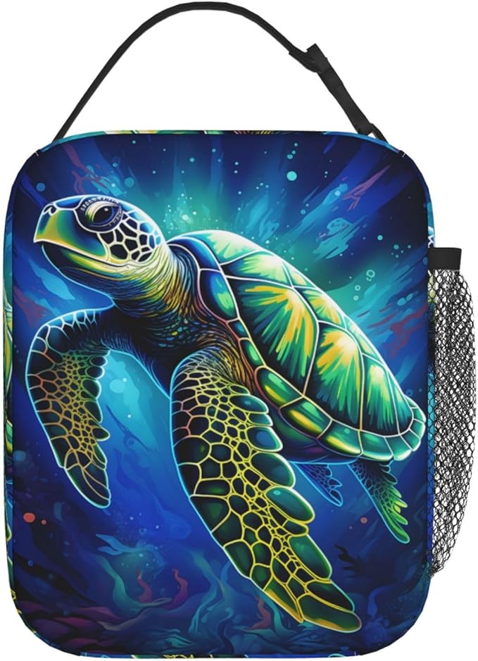 Reusable Sea Turtle Lunch Box for Kids, Insulated Shell Colorful Waves Ocean Bag,Polyester Cooler Turtles Lovers Handbags Case for School Picnic Work Travel Beach or Hiking, Gifts