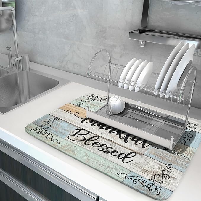 Rustic Wood Dish Drying Mat 18x24 Inch Grateful Thankful Blessed Kitchen Drainer Mats Absorbent Microfiber Rack Holder Countertop Pad