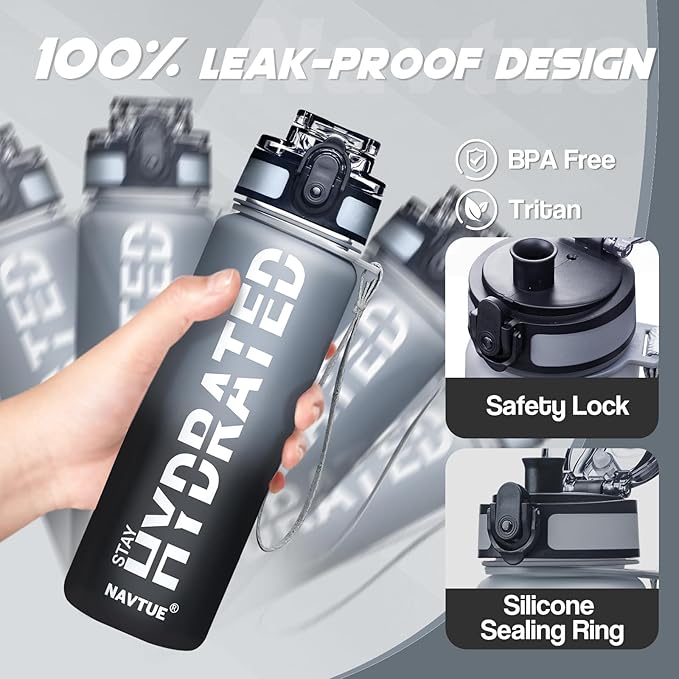 Water Bottle, 32oz Sports Water Bottles with Time Marker Wide Mouth, Motivational and Leakproof Drink Bottle, BPA Free Tritan with Carry Strap for Gym Fitness Outdoor (Direct Drink 1 Bottle)