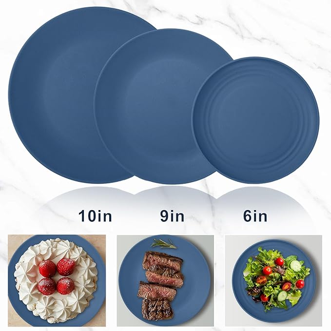 Wrova 64-Piece Service for 8 Dinnerware Set - Unbreakable Wheat Straw Dinnerware sets of 64 - Dinner plates/Snack plates/Cereal bowls/Drinking Cups/Cutlery for Outdoor camping and indoors.Blue
