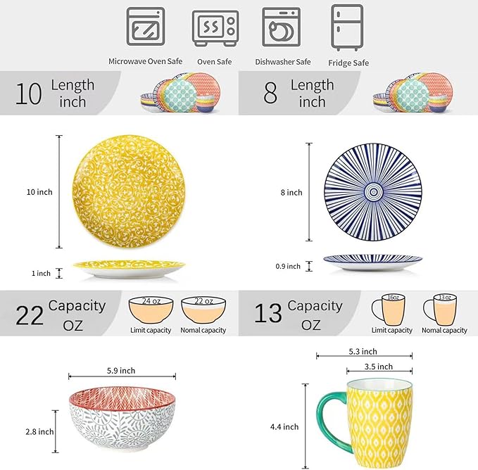 Selamica Ceramic Dinnerware Sets for 4, 16 Pieces Plates and Bowls Sets, Dishes set for 4-Chip and Scratch Resistant, Dishwasher&Microwave Safe, Assorted Colors