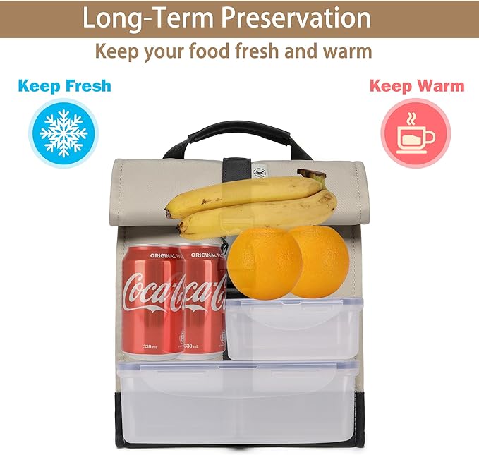 SUNNY BIRD Insulated Lunch Bag Rolltop Lunch Box Tote Bag for Women, Men, Adults and Teens (Grey and black)