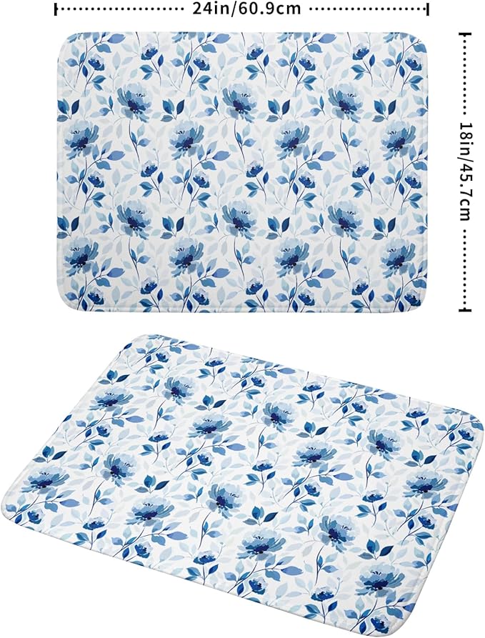 Blue Floral Dish Drying Mat 18x24 inch Flower Leaves Dish Rack Pad Microfiber Washable Dishes Drainer Pad Kitchen Countertop Accessories