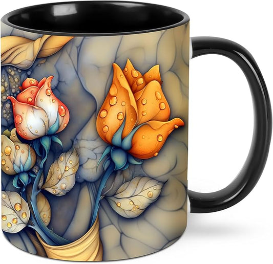 Yrebyou Rose Coffee Mug Funny Tea Cup Ceramic Mugs 11OZ with Handle Gifts for Women Men Home Office Decor