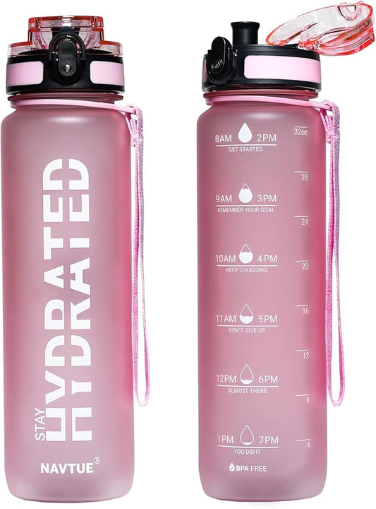 Water Bottle, 32oz Sports Water Bottles with Time Marker Wide Mouth, Motivational and Leakproof Drink Bottle, BPA Free Tritan with Carry Strap for Gym Fitness Outdoor(Direct Drink 1 Bottle)