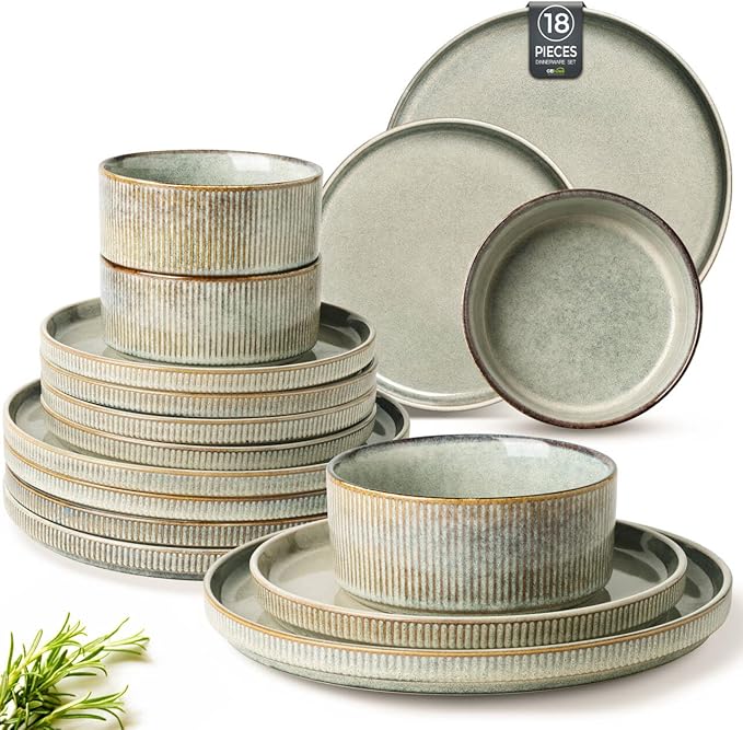 GBHOME Stoneware Dinnerware Sets for 6,Round Reactive Glaze Ceramic Plates and Bowls Set,Highly Scratch Resistant | Dishwasher & Microwave Safe Dishes Set,Service for 6(18Pcs)
