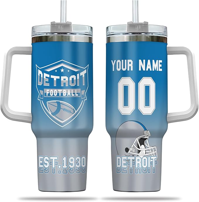 Personalized Football Tumbler with Handle & Straw, 40oz Stainless Steel Insulated Travel Mug, Name & Number Cup, Game Day Fan Gift (Detroit Colors)