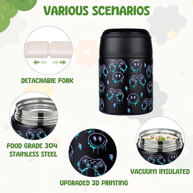 10oz Soup Thermo for Hot Food Kids Insulated Food Jar with Spoon Wide Mouth Stainless Steel Lunch Container Leak Proof Vacuum Food Box for School Travel Picnic Black Game