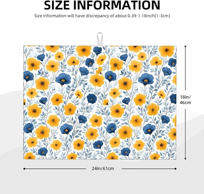 Blue Yellow Floral Dish Drying Mats for Kitchen Counter, Absorbent Microfiber Drying Pad for Dishes, Decorative Kitchen Mat for Sink & Dining Area, Washable Foldable Reversible, Home Decor, 18" x 24"