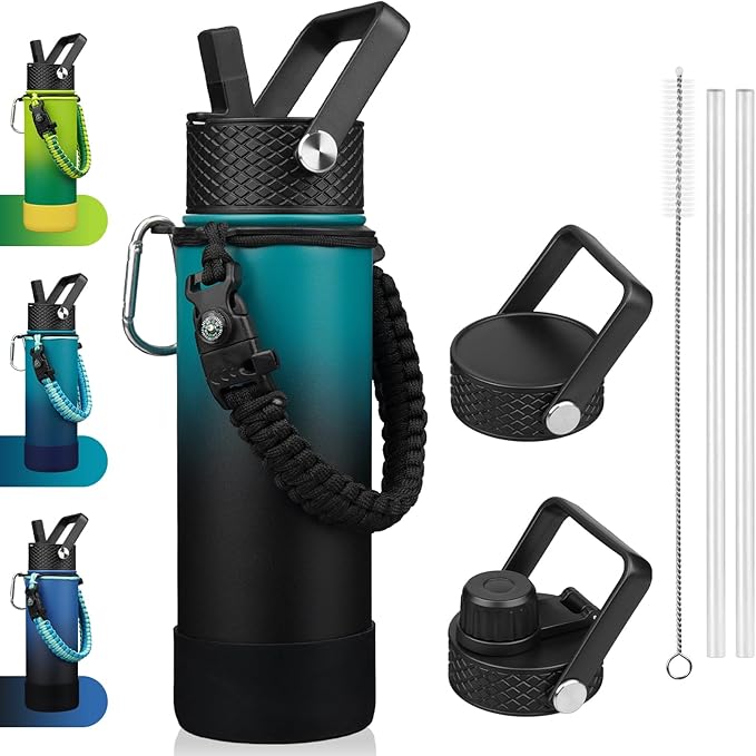 BJPKPK Insulated Water Bottle with Straw Lid, 22oz Thermo Water Bottles with 3 Lids, Paracord Handle & Non-slip Boot, BPA Free Leak Proof Stainless Steel Tumblers,Army Green & Black