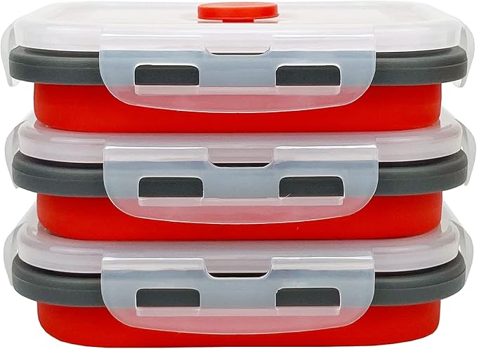 CCyanzi 3piece Collapsible Food Storage Containers with Lids, Silicone Lunch Container, Microwave & Freezer Safe, Space Saving for Kitchen Cabinet and Camping Backpack,(red gray)