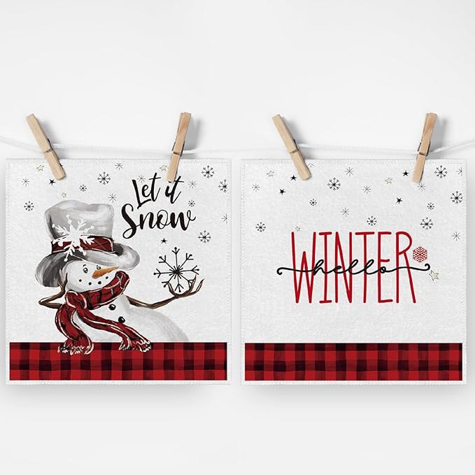 Artoid Mode Red Black Buffalo Plaid Snowman Xmas Trees Christmas Kitchen Towels Dish Towels, 10x10 Inch Daily Seasonal Winter Decoration Hand Towels Set of 4