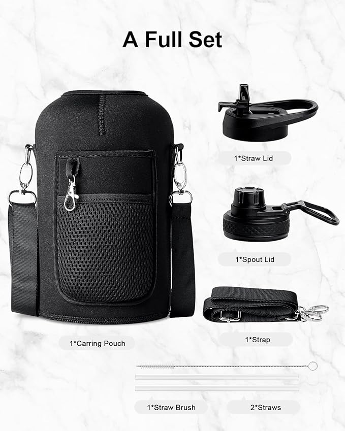 Trebo Half Gallon Water Bottle Insulated with Handle, 64 oz Double Wall Stainless Steel Metal Large Jug, Travel Flask with Straw Spout Lid, Mug Tumbler Cup with Carry Pouch, Keep Cold Hot, Orange