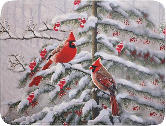 Red Birds Dish Drying Mat Winter Berry Dish Drainer Mats Absorbent Reversible Microfiber Kitchen Countertop Protector Dishes Pad 18x24 inch