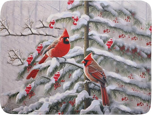 Red Birds Dish Drying Mat Winter Berry Dish Drainer Mats Absorbent Reversible Microfiber Kitchen Countertop Protector Dishes Pad 18x24 inch