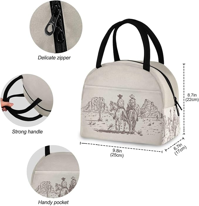 Western Desert Cowboy Lunch Bag for Women Girls Kids Men Reusable Insulated Lunch Tote Bag for Office Work School Picnic Hiking