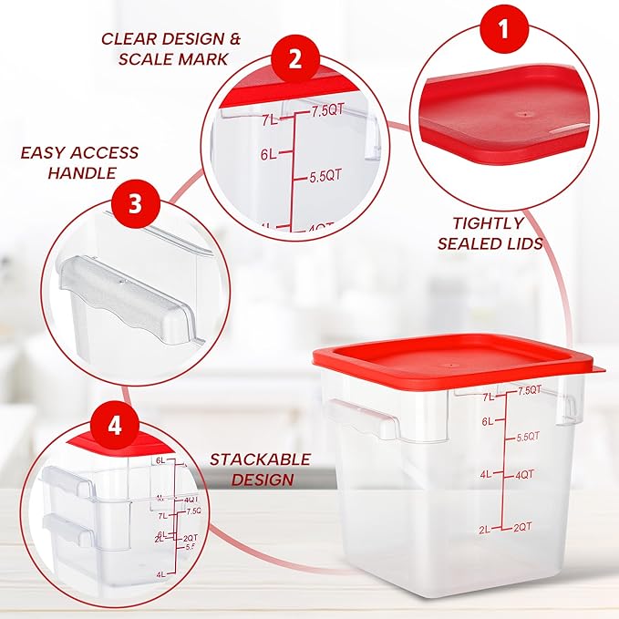 4 Pack Food Storage Containers, 8 Quart with Lids, Square Commercial Containers with Scale, Clear NSF Food Organizing, Polycarbonate