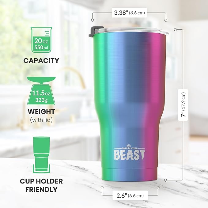 Beast 20 oz Tumbler Stainless Steel Vacuum Insulated Coffee Ice Cup Double Wall Travel Flask (Rainbow)