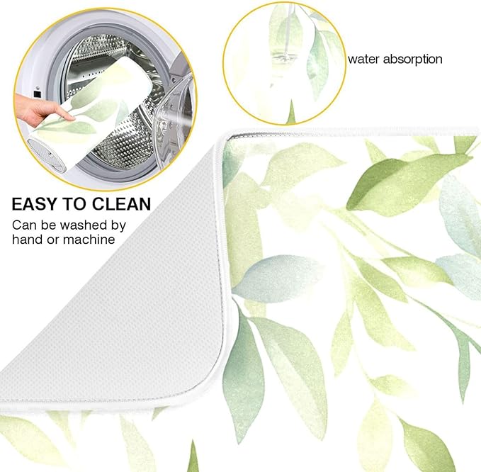 Sage Green Leaves Dish Drying Mat for Kitchen Counter Super Absorbent Dishes Pad Reversible Microfiber Protector Dish Draining Mats 18x24 inch
