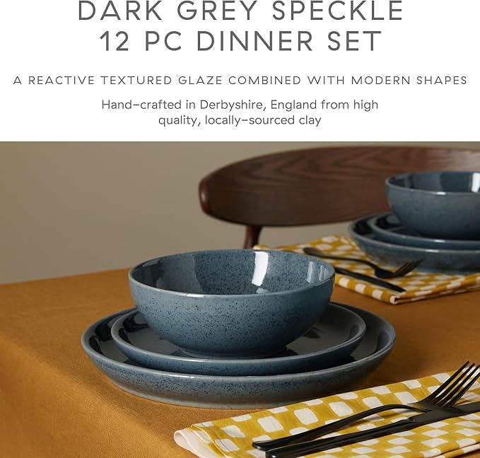 Denby - Dark Grey Speckle Dinner Set For 4-12 Piece Reactive Glaze Ceramic Stoneware Tableware Set - Dishwasher Microwave Oven Safe - Scratch Chip Resistant