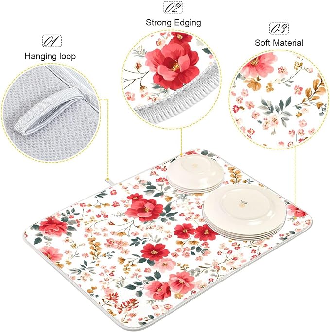 Spring Floral Colorful Flowers Dish Drying Mat for Kitchen Counter Absorbent Dish Drainer Mats Drying Pads 16"x18"