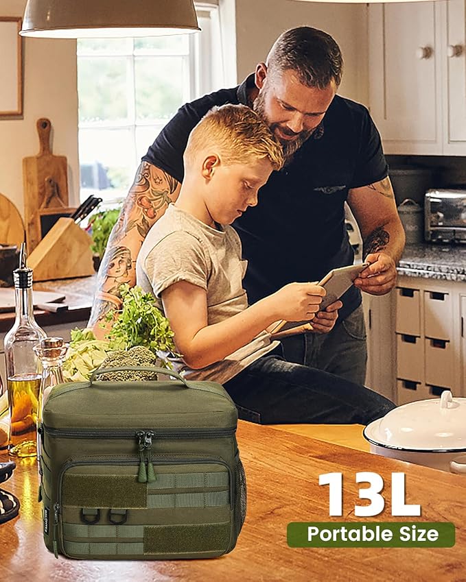 RalChyez Tactical Lunch Box, 13L Large Insulated Lunch Bag MOLLE Webbing Leakproof Thermal Cooler with Shoulder Strap Lunch Pail for Adult Men Women Office Work Camping Picnic Travel Green