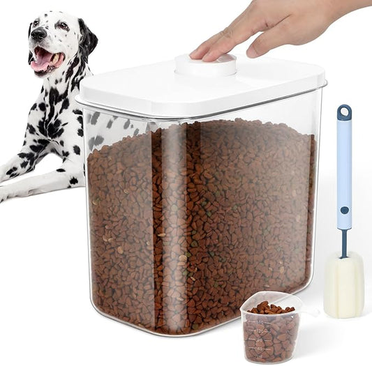 12 lbs Airtight Dog Cat Food Storage Container and Dog Treat Containers BPA-Free, PET Clear Stackable Pet Storage Bin, 1-Cup Scoop, 1-Sponge cleaning brush, Pop Top, With handle, Easy Mobility-large