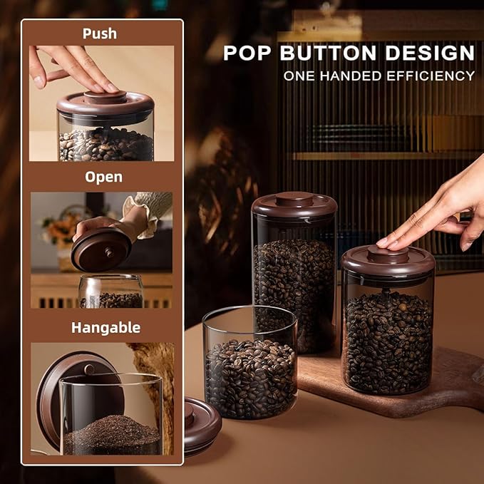 Ankou Glass Coffee Canister 900ml x 2 Jar, Airtight Food Storage Container with Pop Lid, Kitchen High Borosilicate Glass Contianers For Tea Coffee Bean Sugar