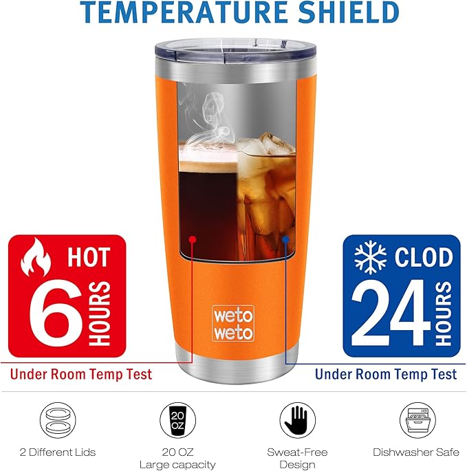 WETOWETO 20oz Tumbler with 2 lids and 2 straws, Stainless Steel Vacuum Insulated Water Coffee Tumbler Cup, Double Wall Powder Coated Spill-Proof Travel Mug Thermal Cup (Orange, 1 Pack)