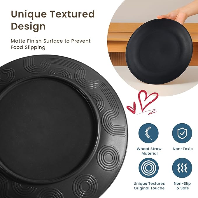 Homienly 16-Piece Wheat Straw Dinnerware Sets, Reusable Unbreakable Plates and Bowls Sets,Cups,Service for 4, Premium Dishwasher and Microwave Safe Dish Sets for Kitchen,Outdoor - Black